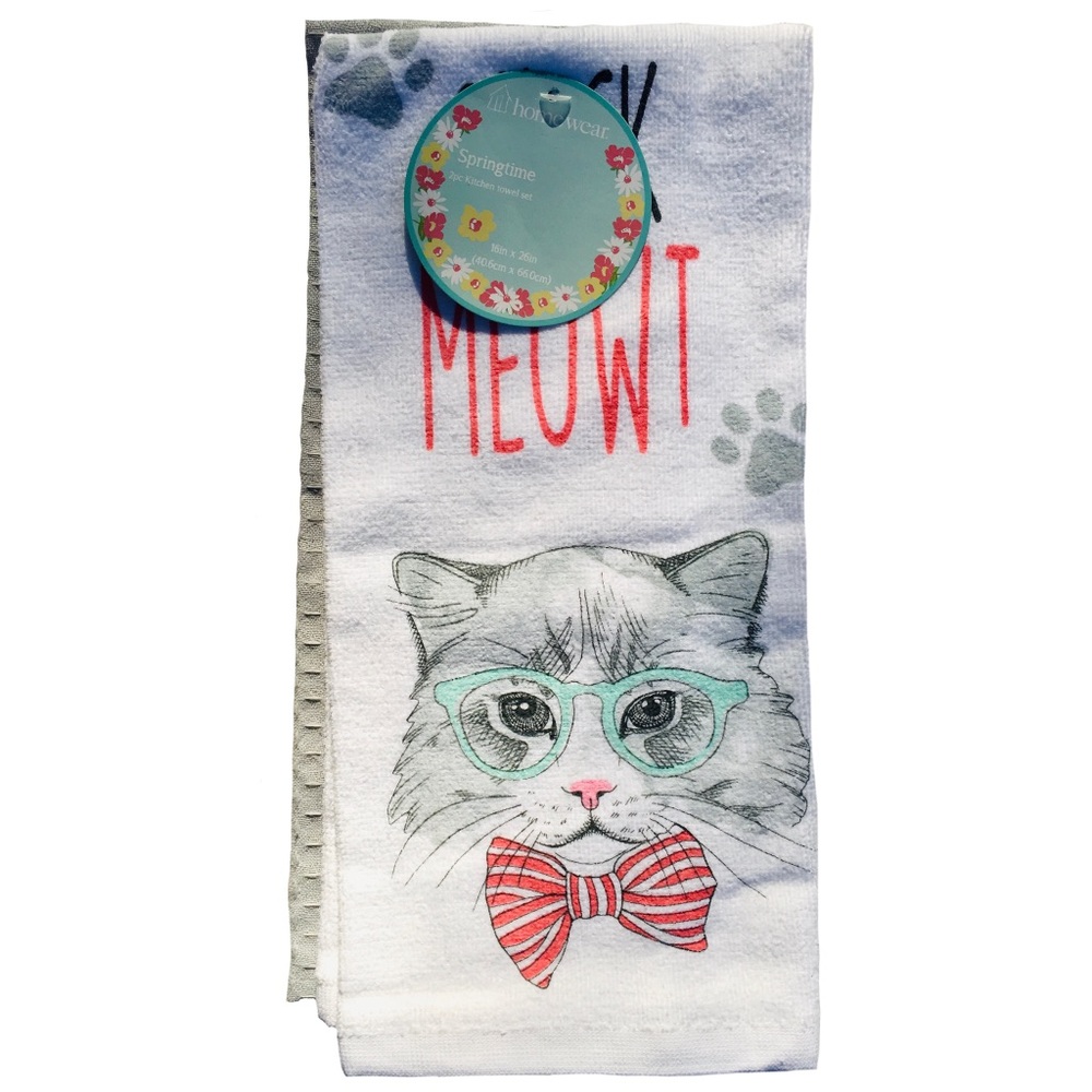 Homewear Cat with Glasses Kitchen Towels with Red and Gray Design, 2 ct